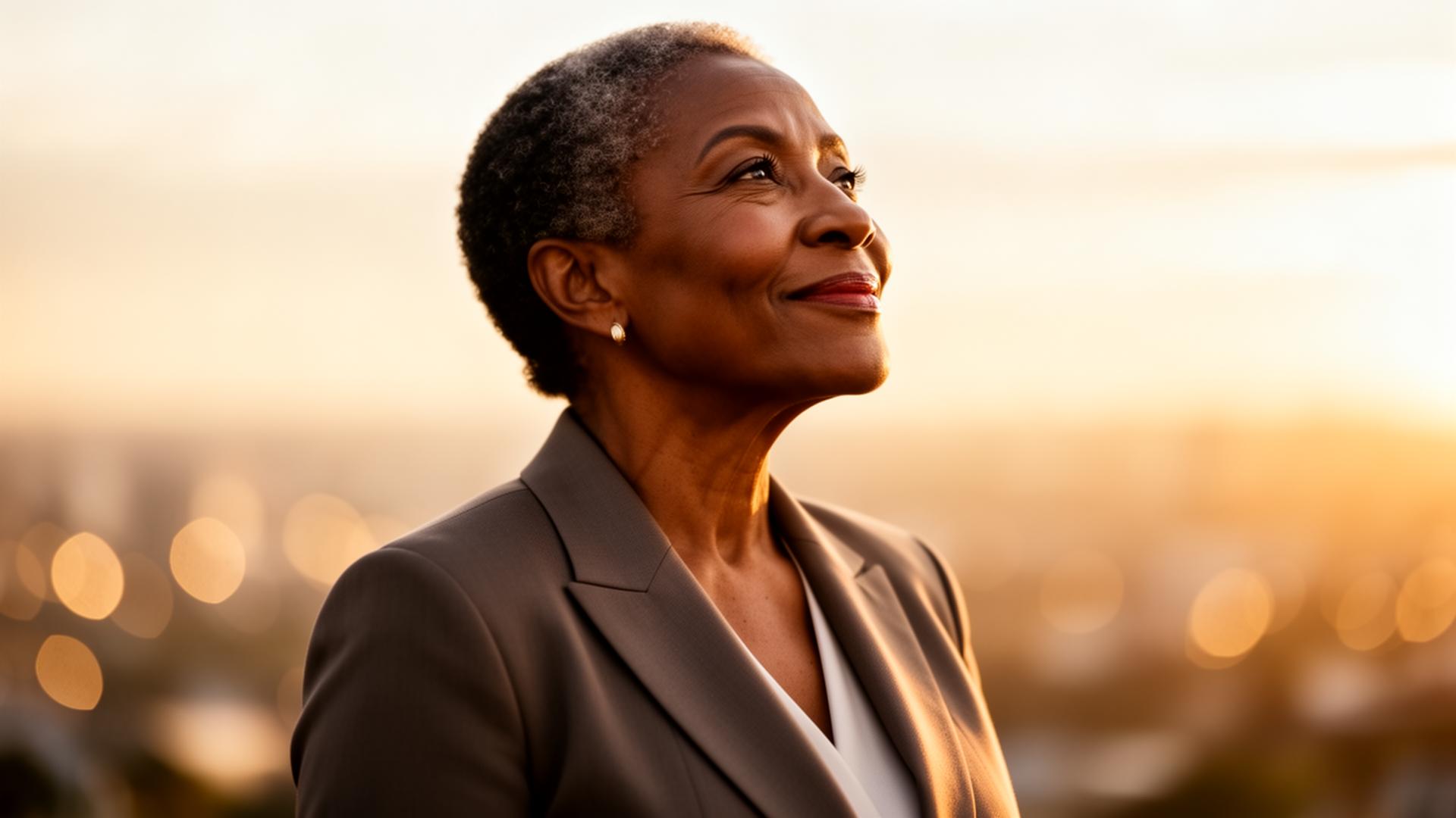 A powerful, forward-looking woman gazing toward the horizon